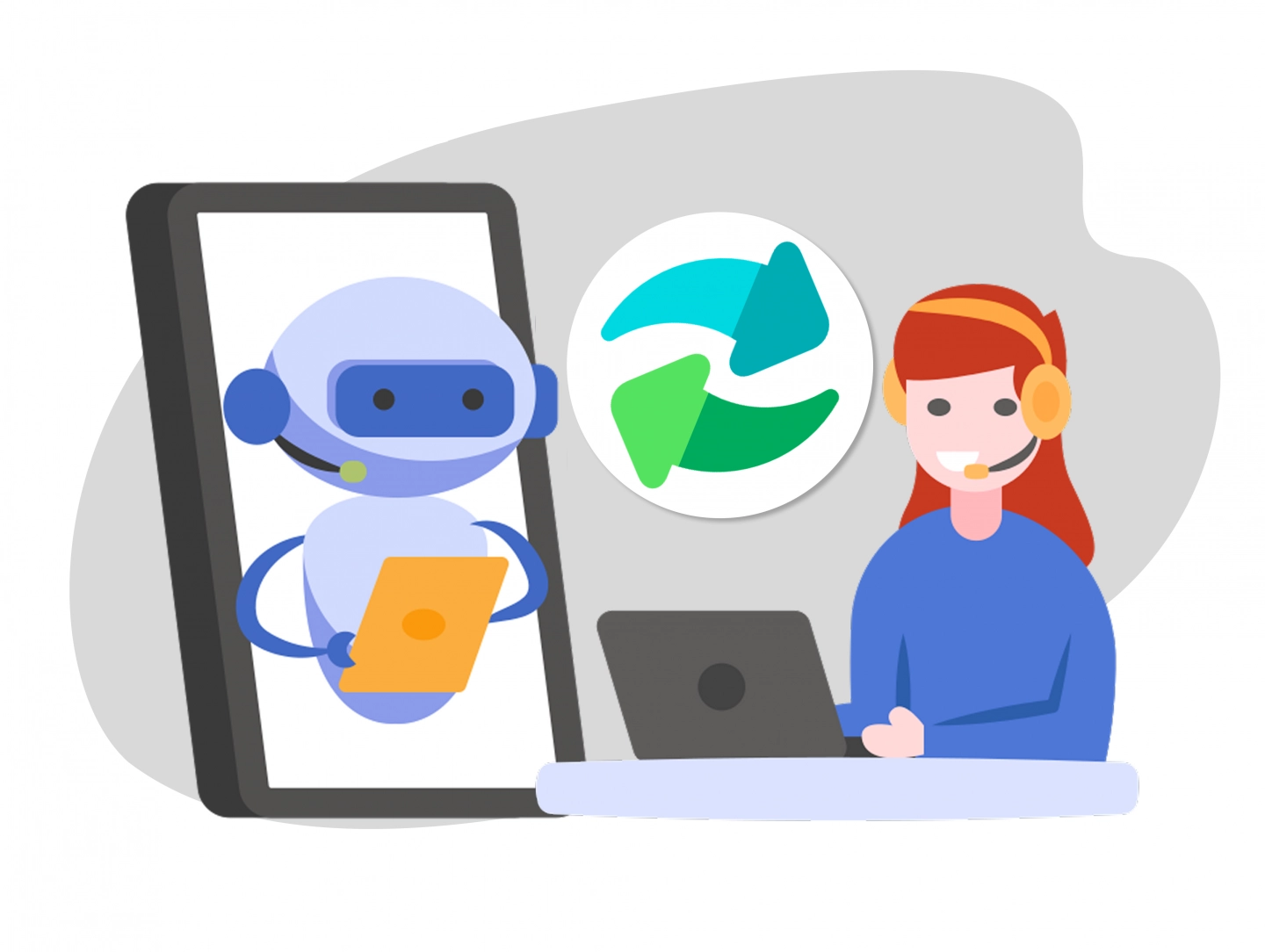 AI 聊天機器人與真人客服之間的無縫轉接流程示意圖，展示一鍵轉接功能如何協助即時處理高複雜需求，提升客服效率與服務品質。