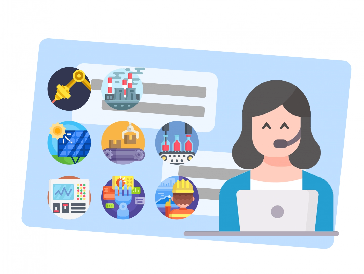 智能客服系統圖示，展示針對製造、科技、零售與專業服務等產業的 AI 回覆機制配置。圖中包含多個行業相關圖標與一位操作筆記型電腦的客服人員，象徵彈性打造智能客服流程，升級客戶關係管理並提升服務品質與溝通效率。
